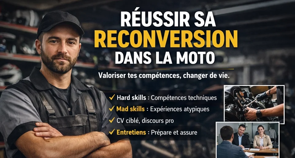 Réussir sa reconversion professionnelle dans la moto mécanicien en atelier, compétences transférables, CV et entretien avec Emploi-Moto