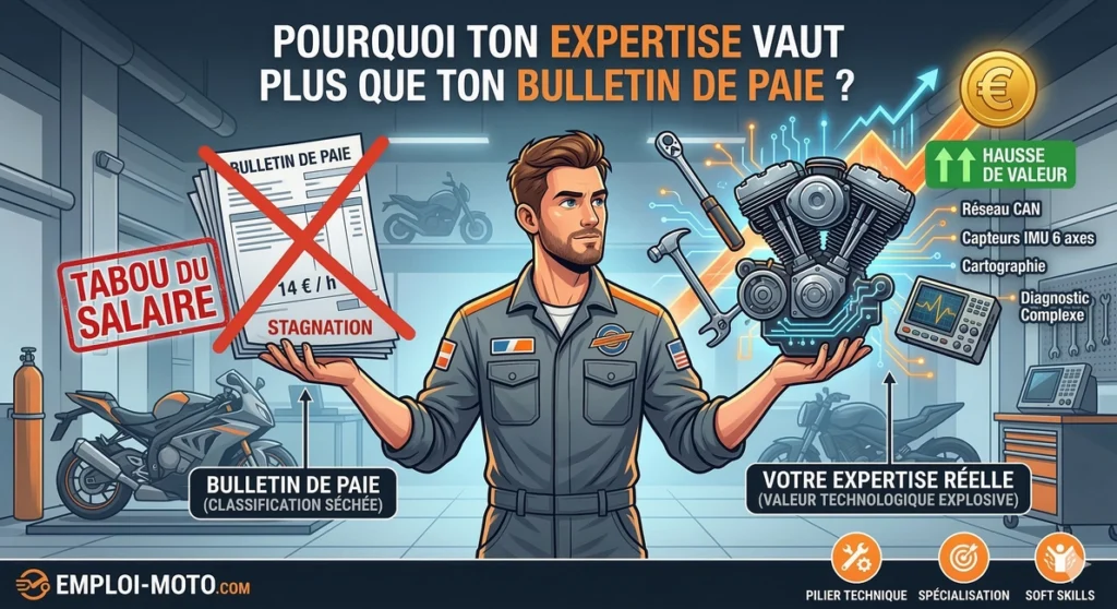 Illustration d'un technicien moto comparant un bulletin de paie stagnant avec son expertise technologique réelle (moteur high-tech, diagnostic) pour le blog Emploi-Moto.com