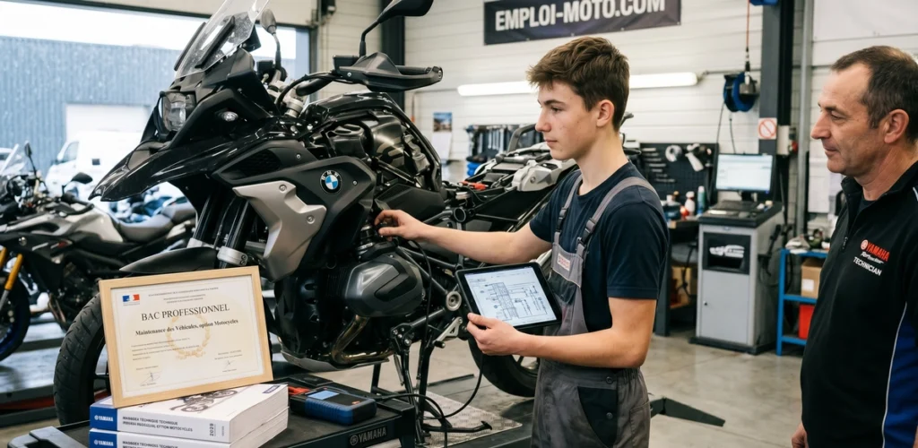 Jeune mécanicien moto en formation diagnostiquant une BMW GS avec une tablette, à côté de son diplôme de Bac Professionnel et de son maître d'apprentissage dans un atelier expert.