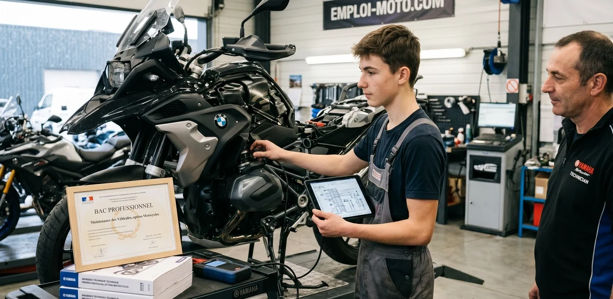 Jeune mécanicien moto en formation diagnostiquant une BMW GS avec une tablette, à côté de son diplôme de Bac Professionnel et de son maître d'apprentissage dans un atelier expert.