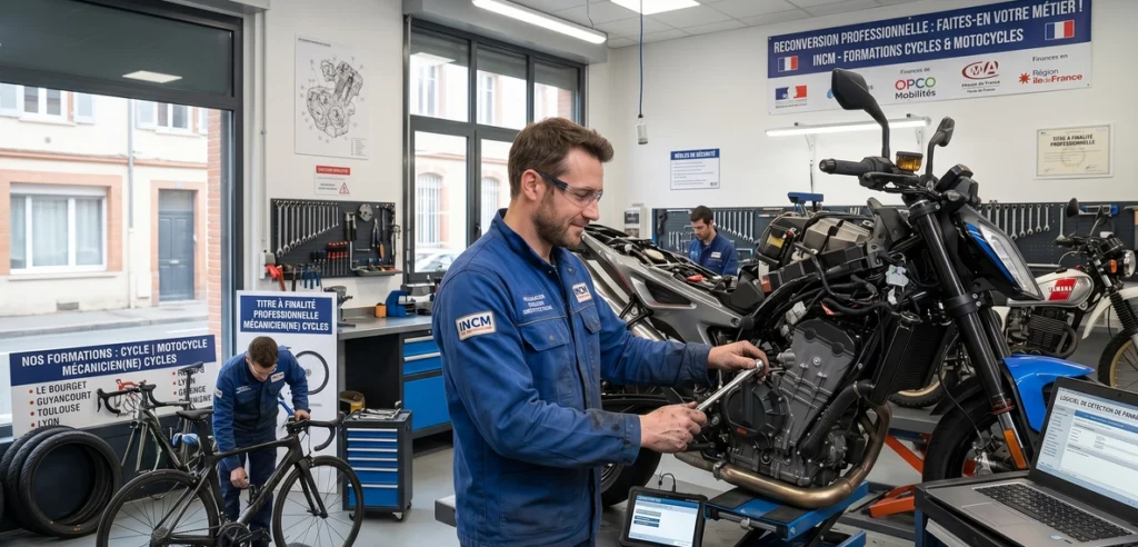 Mécanicien en reconversion professionnelle à l'INCM travaillant sur le moteur d'une moto dans un atelier technique moderne avec outils et équipements de diagnostic.