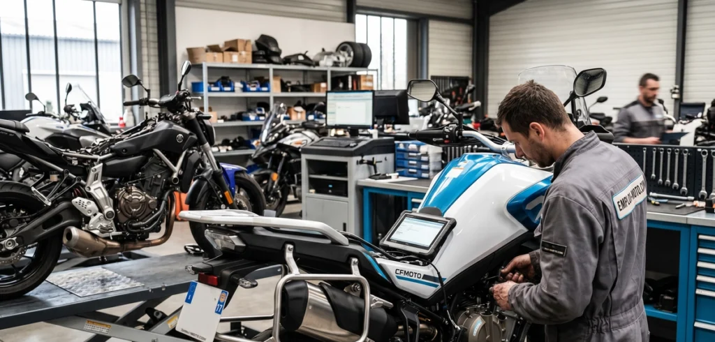Mécanicien moto utilisant un outil de diagnostic sur une CFMOTO dans un atelier multimarque, illustrant l'adaptation aux marques chinoises.