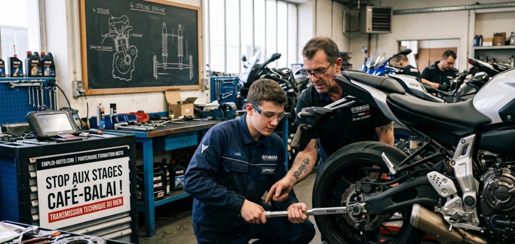 Tuteur mécanicien Yamaha formant un stagiaire sur une roue arrière de moto en atelier
