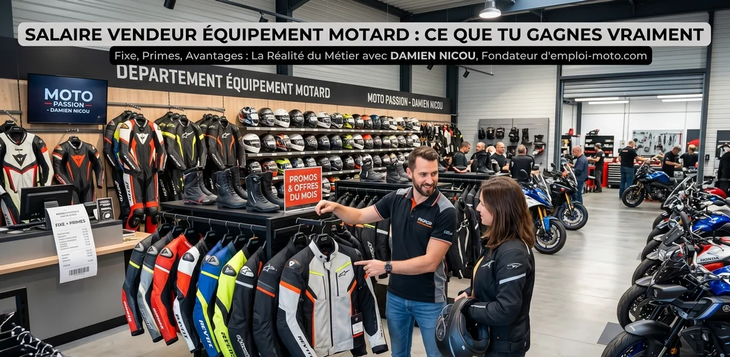 Salaire vendeur équipement motard ce que tu gagnes vraiment entre fixe, primes et avantages