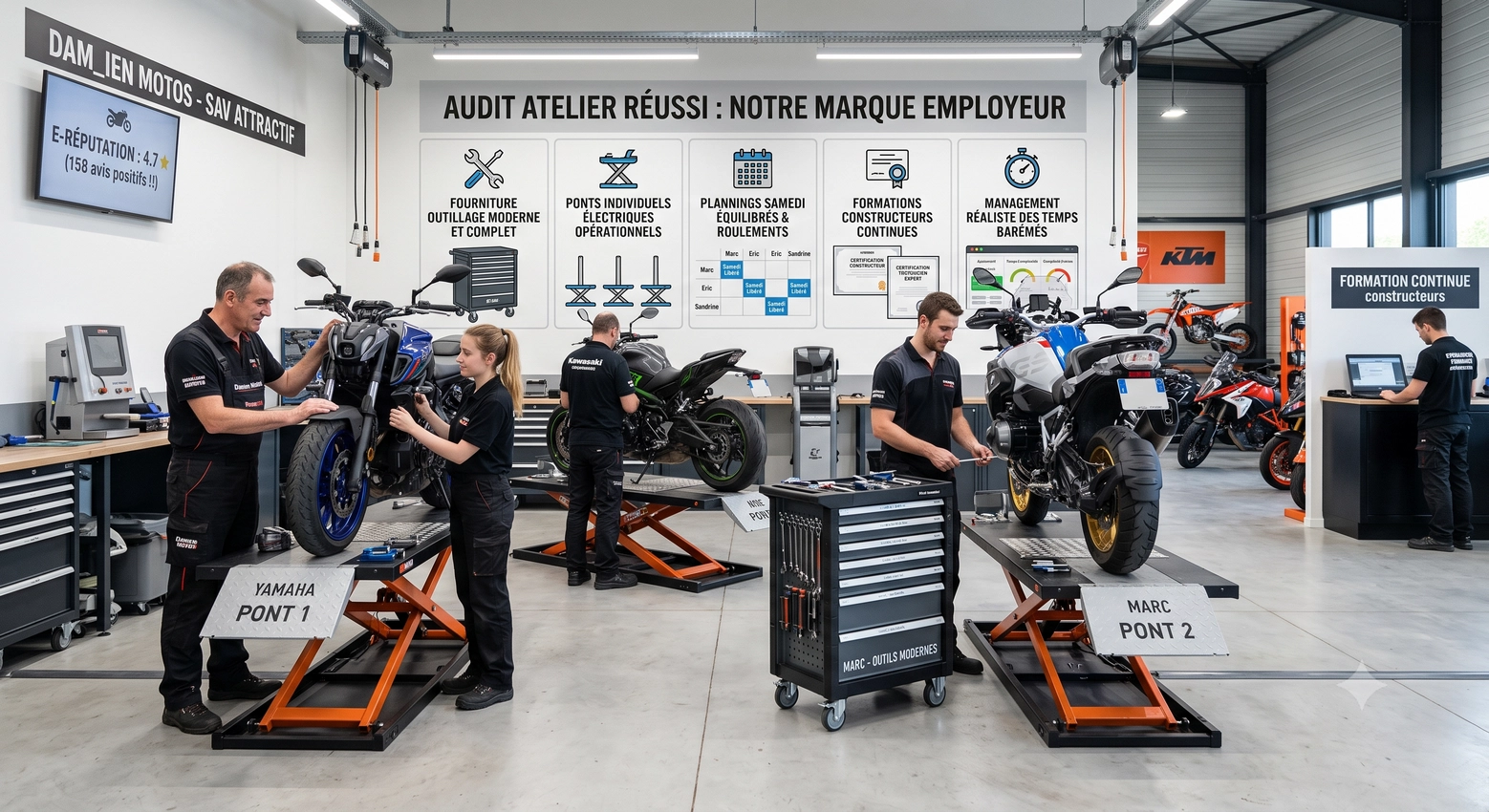 Découvre comment bâtir une marque employeur en concession moto attractive pour attirer et fidéliser les meilleurs techniciens et mécaniciens d'atelier.