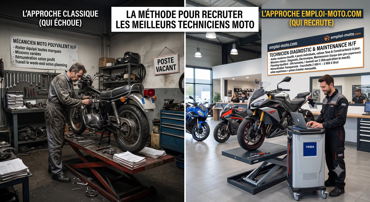 Découvre les erreurs qui font fuir les candidats et la méthode pour rédiger une offre d'emploi moto transparente qui attire les meilleurs mécaniciens.